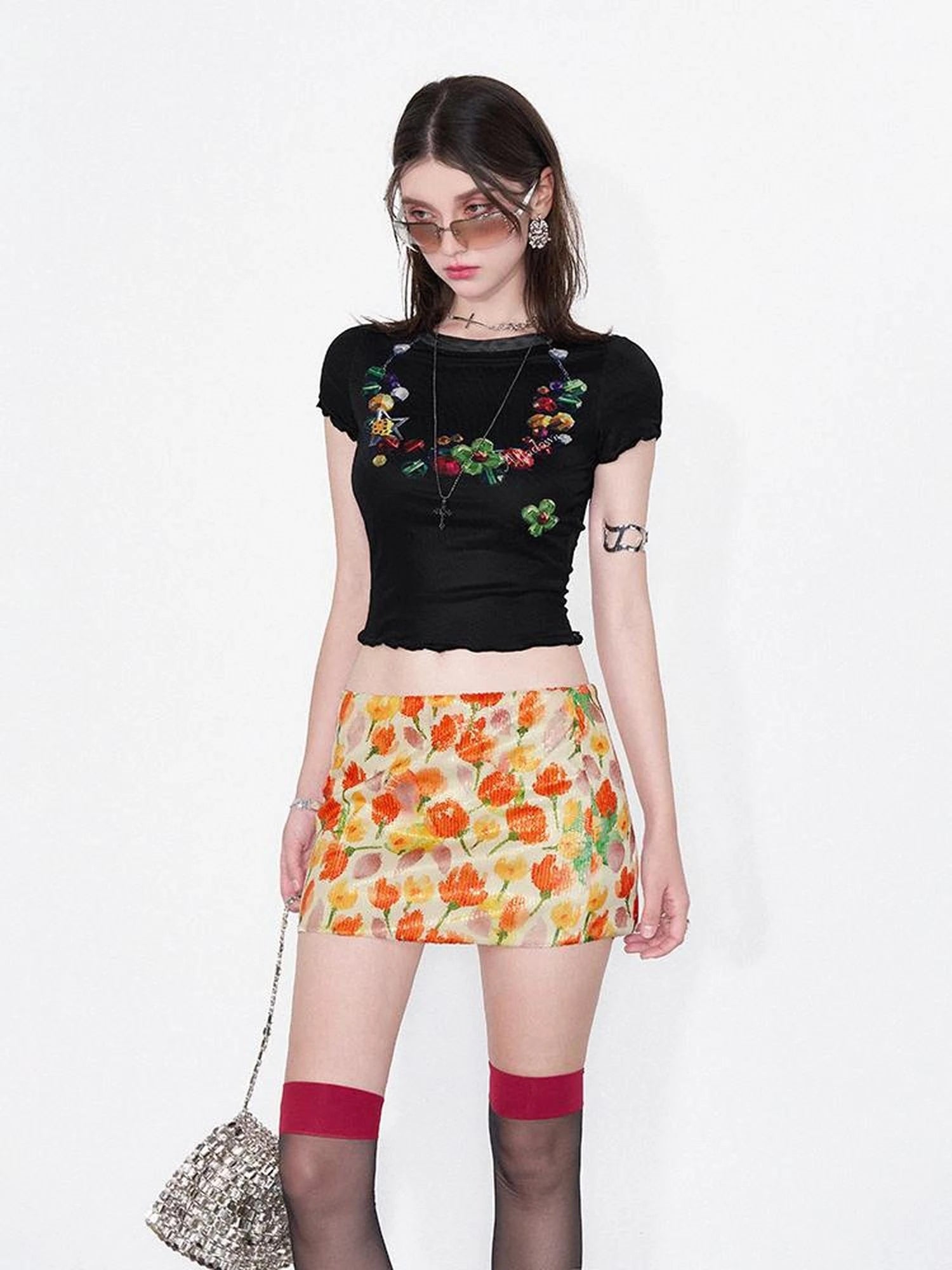 Vintage Necklace Print Tulle Trim Tee