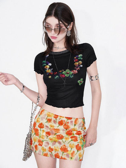 AFTADAWN Vintage Necklace Print Tulle Trim Tee