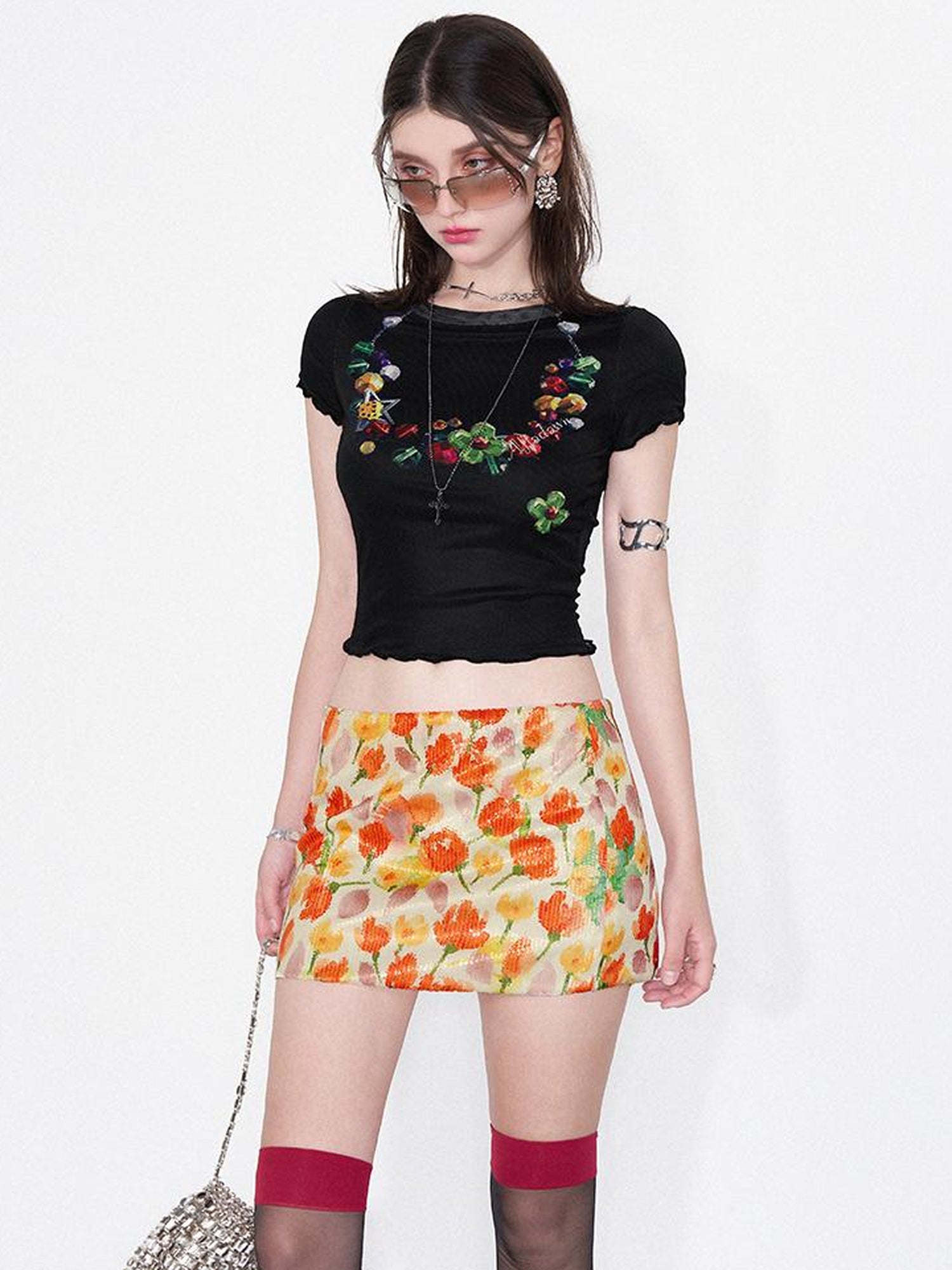 AFTADAWN Vintage Necklace Print Tulle Trim Tee
