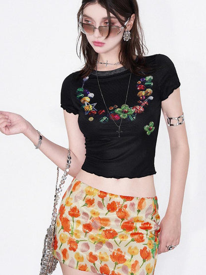 AFTADAWN Vintage Necklace Print Tulle Trim Tee