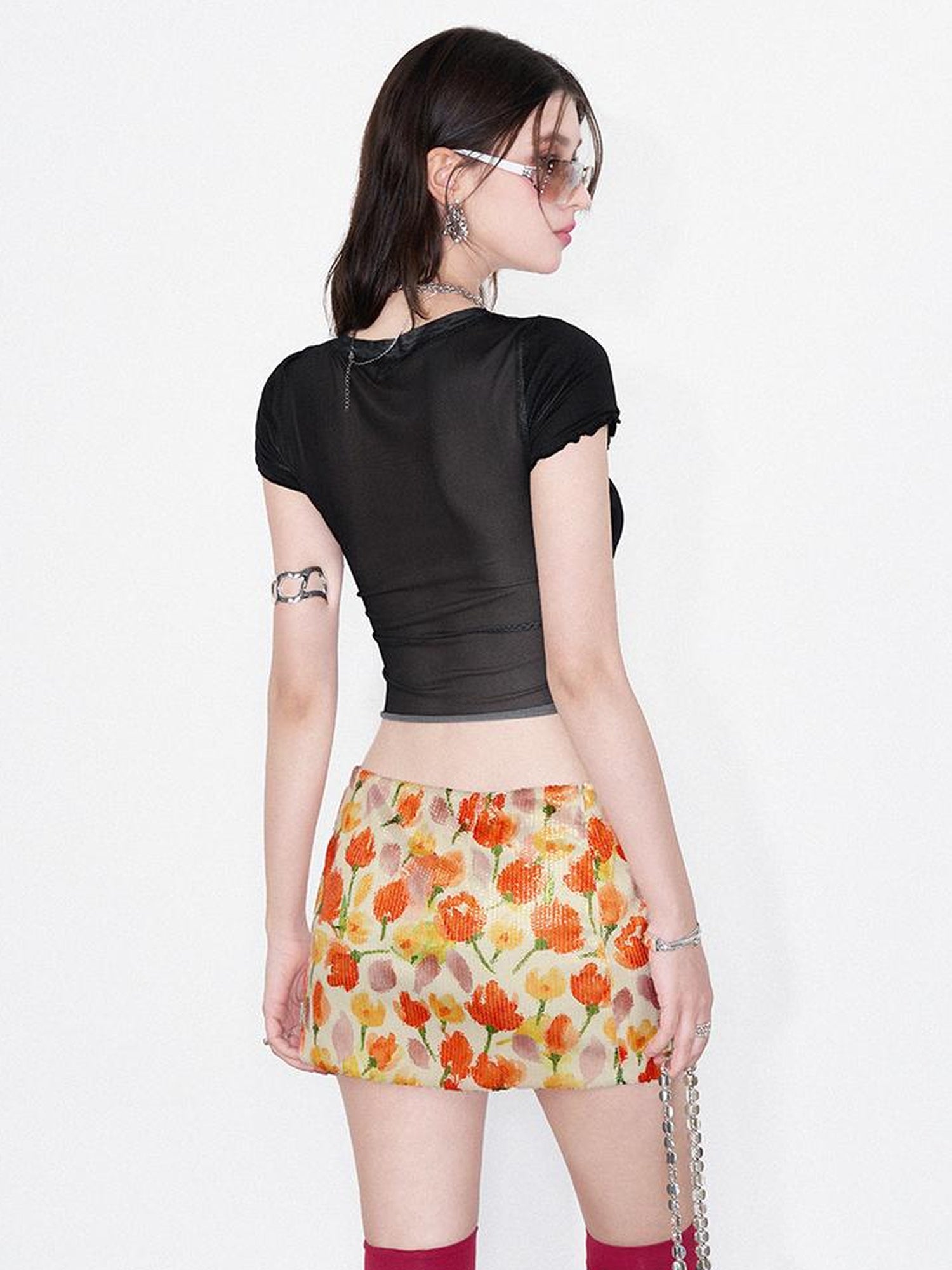 AFTADAWN Vintage Necklace Print Tulle Trim Tee