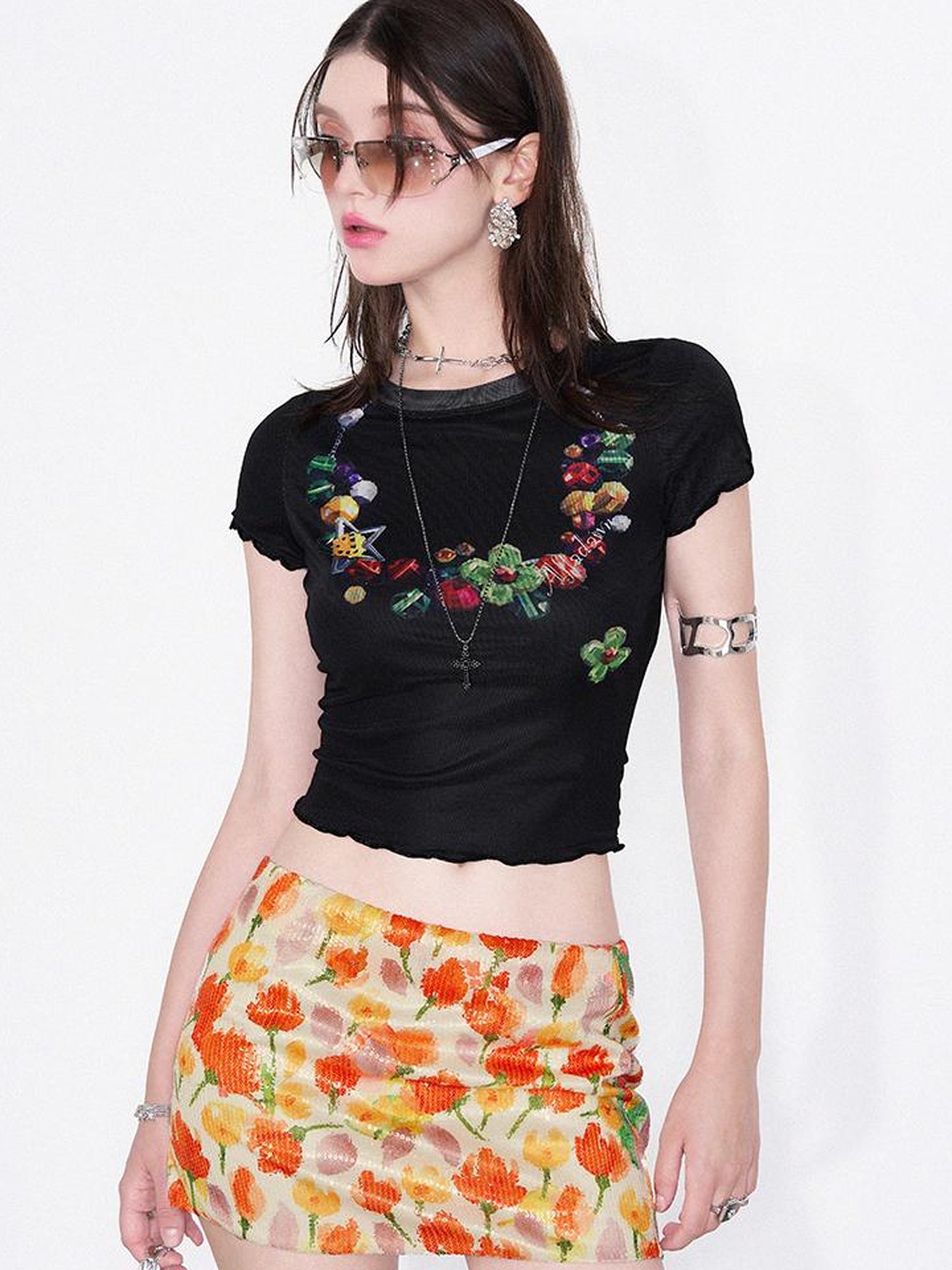 AFTADAWN Vintage Necklace Print Tulle Trim Tee