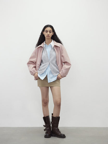 AFTADAWN Vintage Pink Batik Pu Leather Jacket With Oversized Silhouette