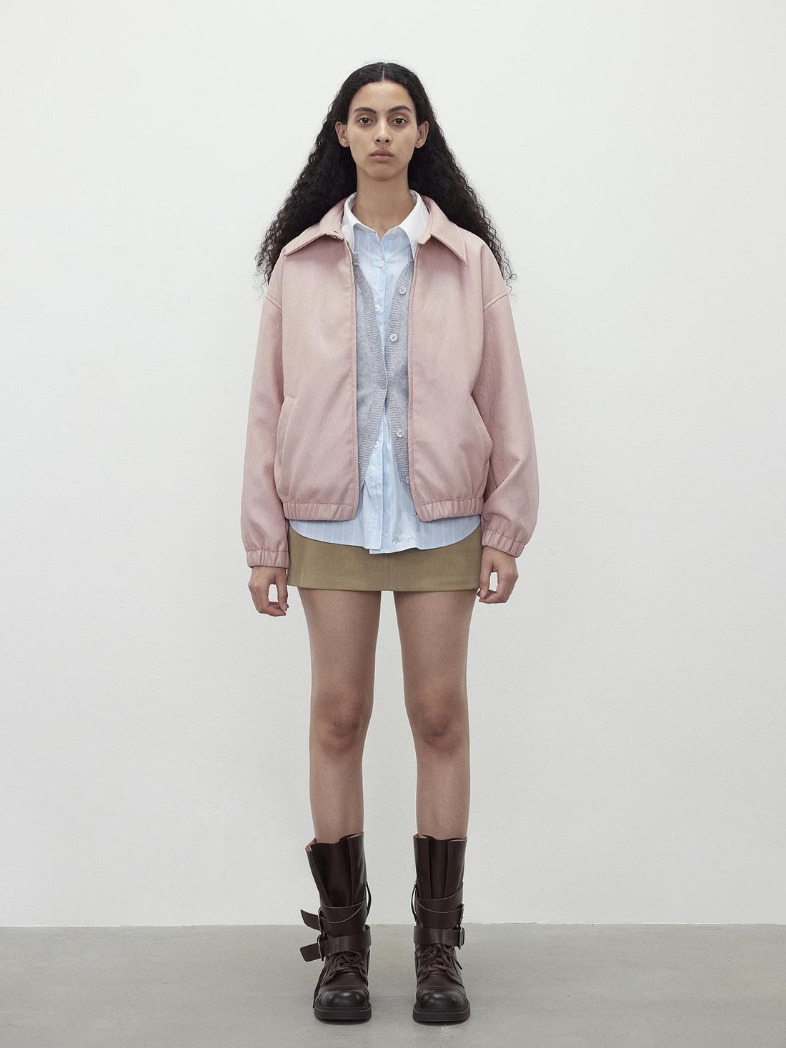 AFTADAWN Vintage Pink Batik Pu Leather Jacket With Oversized Silhouette