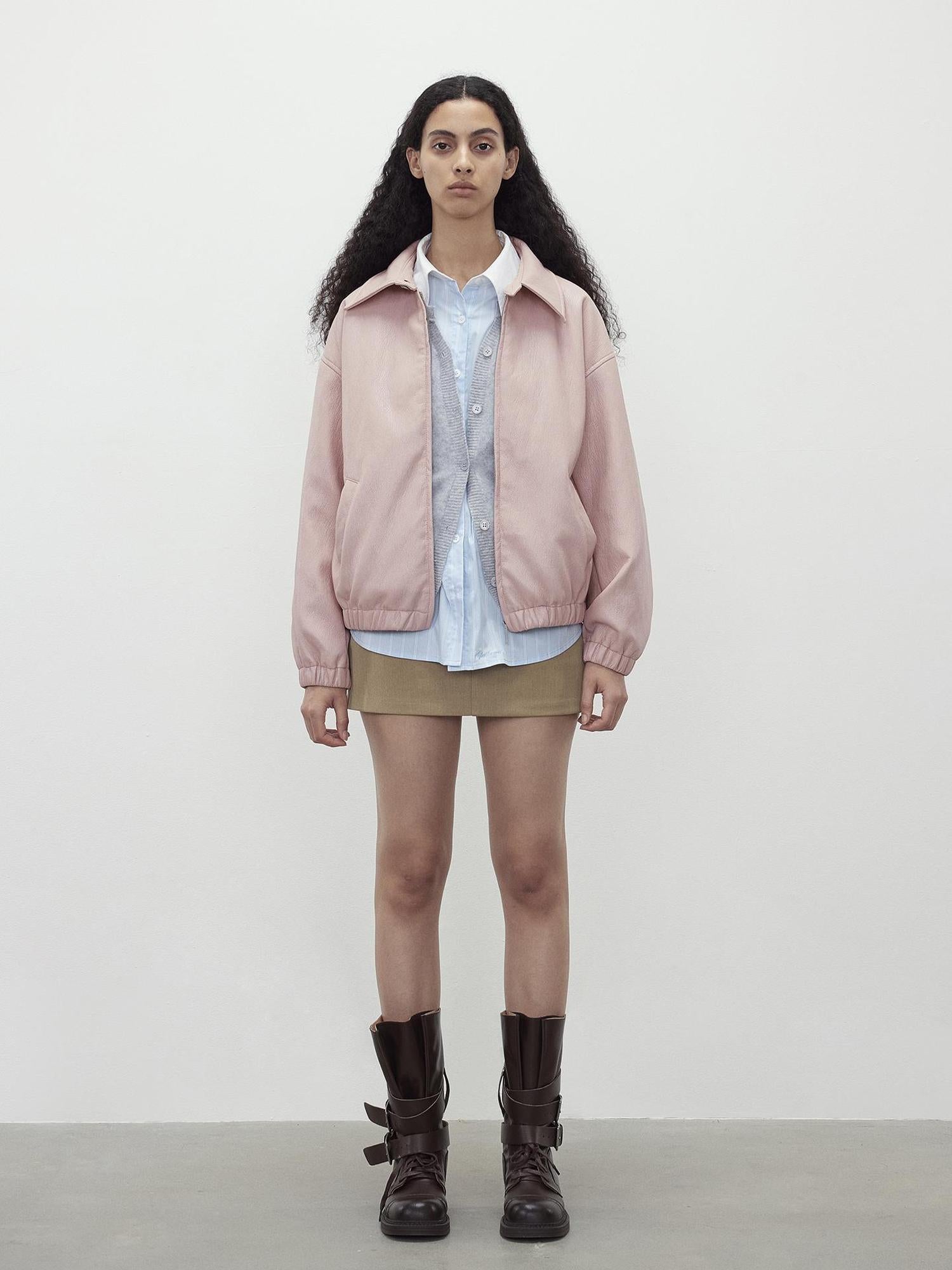 AFTADAWN Vintage Pink Batik Pu Leather Jacket With Oversized Silhouette