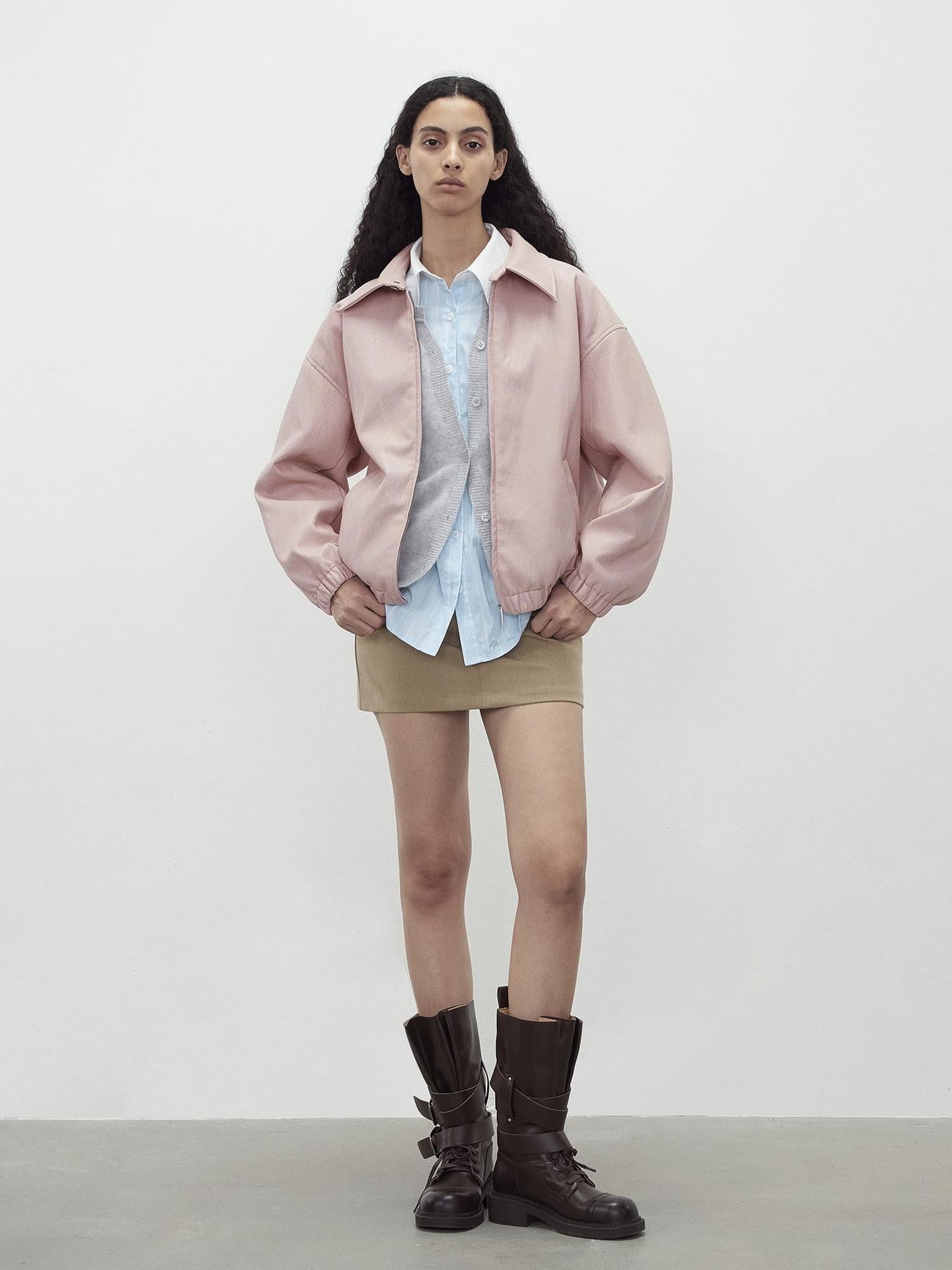 AFTADAWN Vintage Pink Batik Pu Leather Jacket With Oversized Silhouette