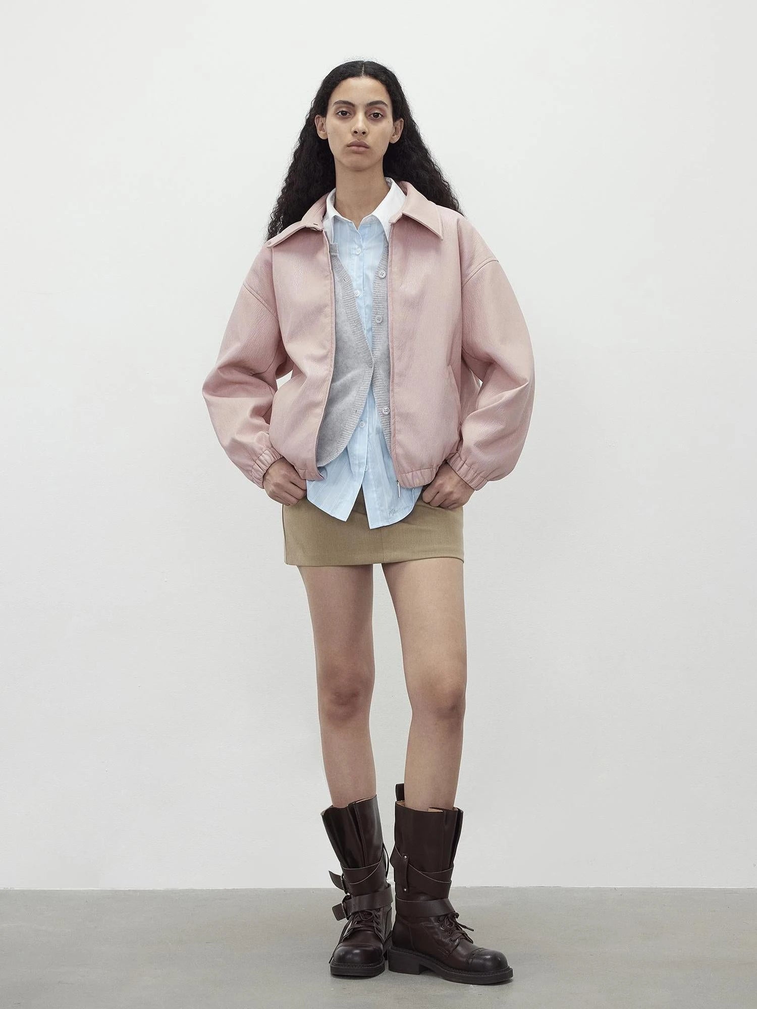 Vintage Pink Batik Pu Leather Jacket With Oversized Silhouette