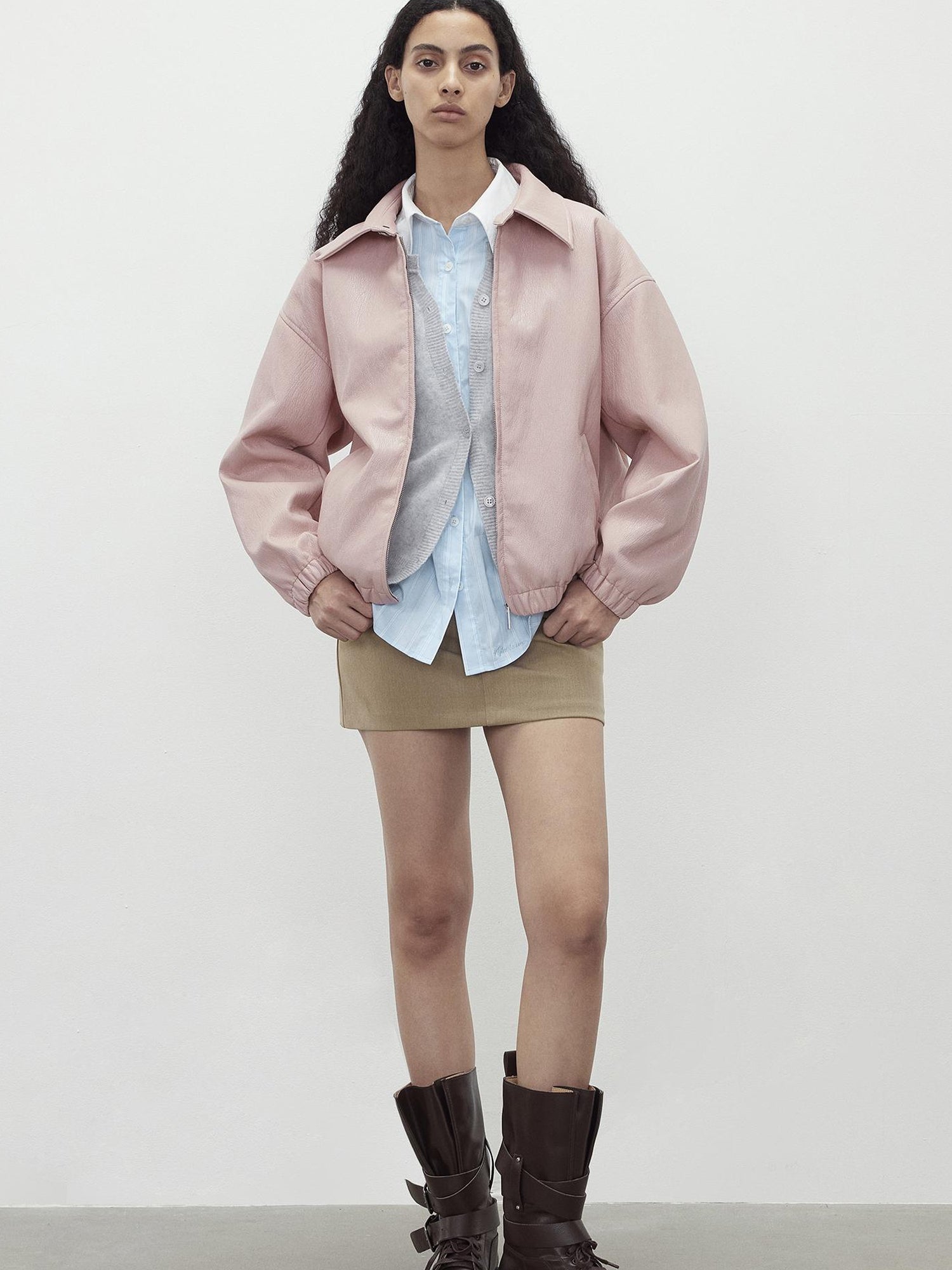 AFTADAWN Vintage Pink Batik Pu Leather Jacket With Oversized Silhouette