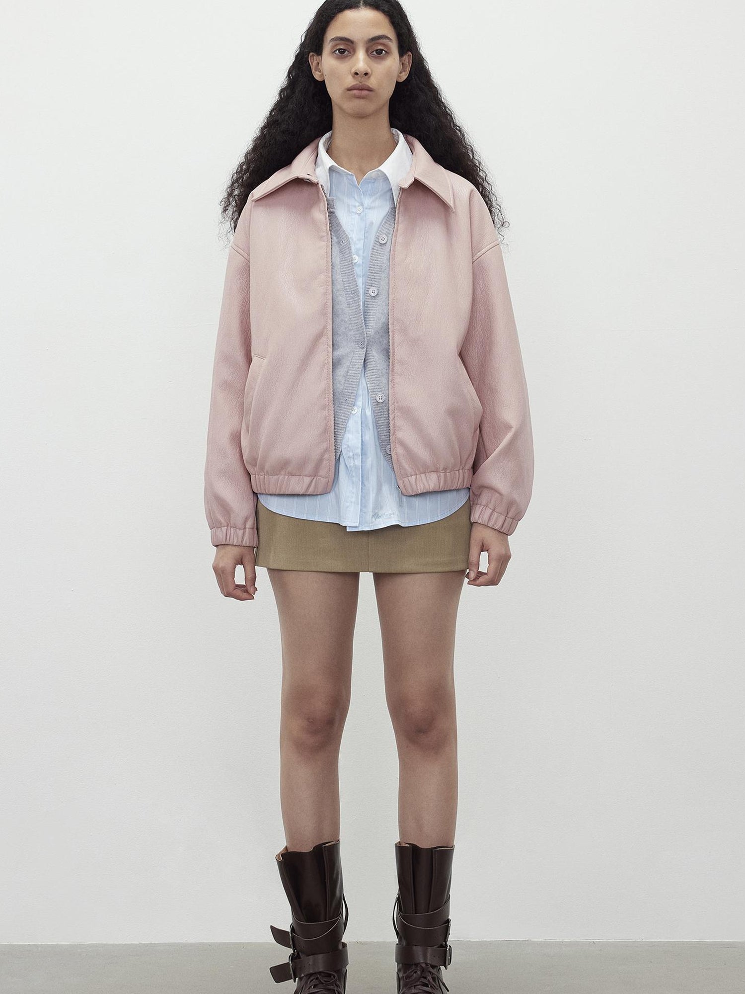 AFTADAWN Vintage Pink Batik Pu Leather Jacket With Oversized Silhouette