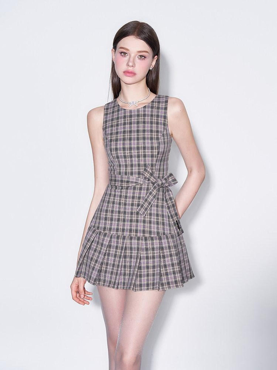 AFTADAWN Vintage Plaid Bow Pleated Sleeveless Waist Women&