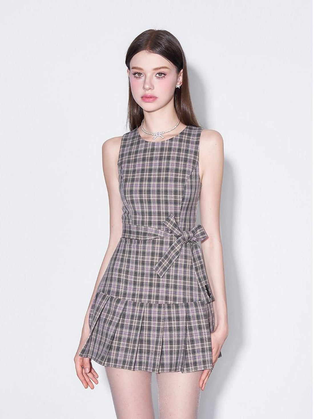 AFTADAWN Vintage Plaid Bow Pleated Sleeveless Waist Women&