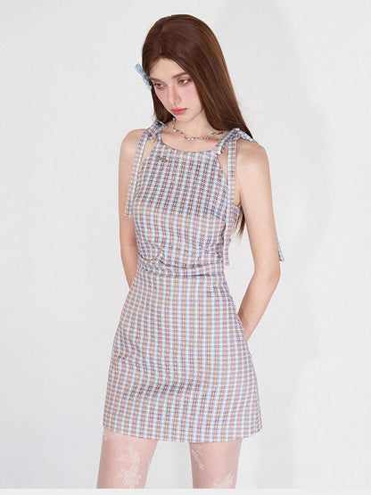 AFTADAWN Vintage Plaid Halter Neck Ruffle Dress