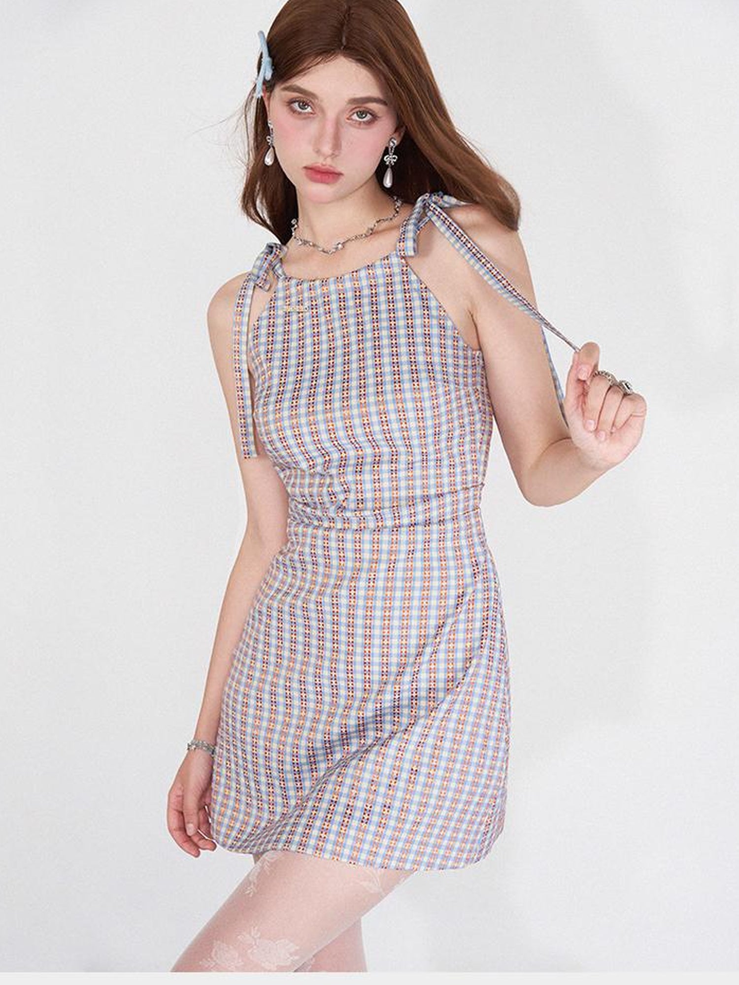 AFTADAWN Vintage Plaid Halter Neck Ruffle Dress