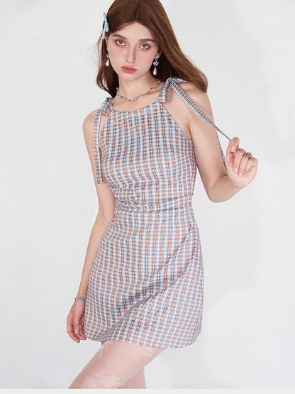 AFTADAWN Vintage Plaid Halter Neck Ruffle Dress