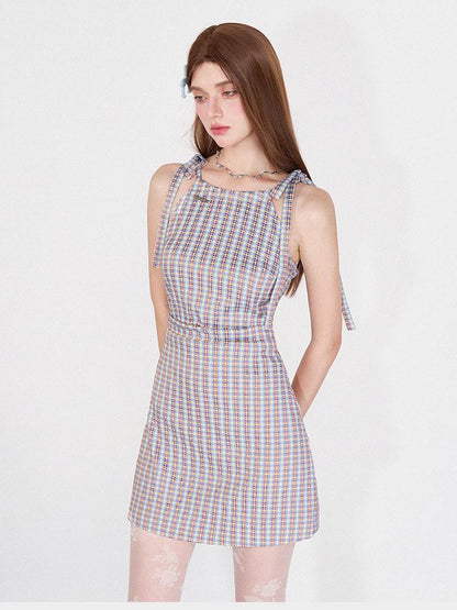 AFTADAWN Vintage Plaid Halter Neck Ruffle Dress