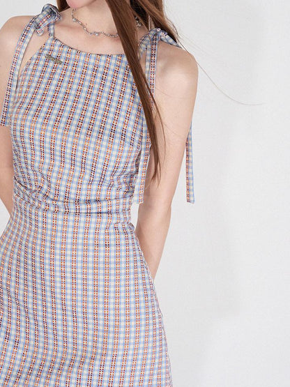 AFTADAWN Vintage Plaid Halter Neck Ruffle Dress