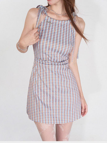 AFTADAWN Vintage Plaid Halter Neck Ruffle Dress