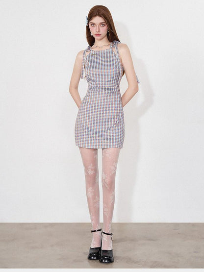 AFTADAWN Vintage Plaid Halter Neck Ruffle Dress