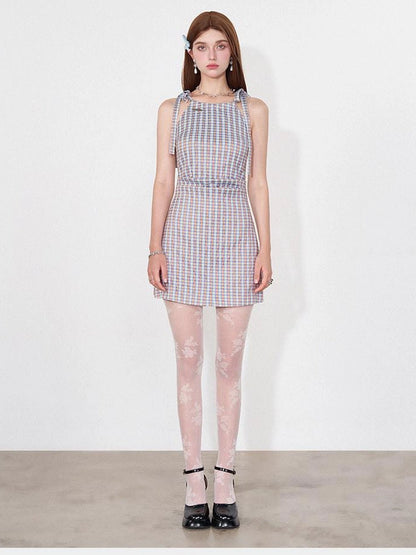 Vintage Plaid Halter Neck Ruffle Dress