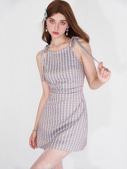 AFTADAWN Vintage Plaid Halter Neck Ruffle Dress