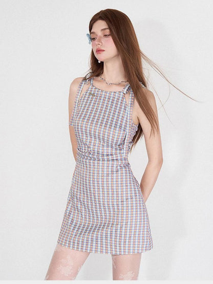 Vintage Plaid Halter Neck Ruffle Dress