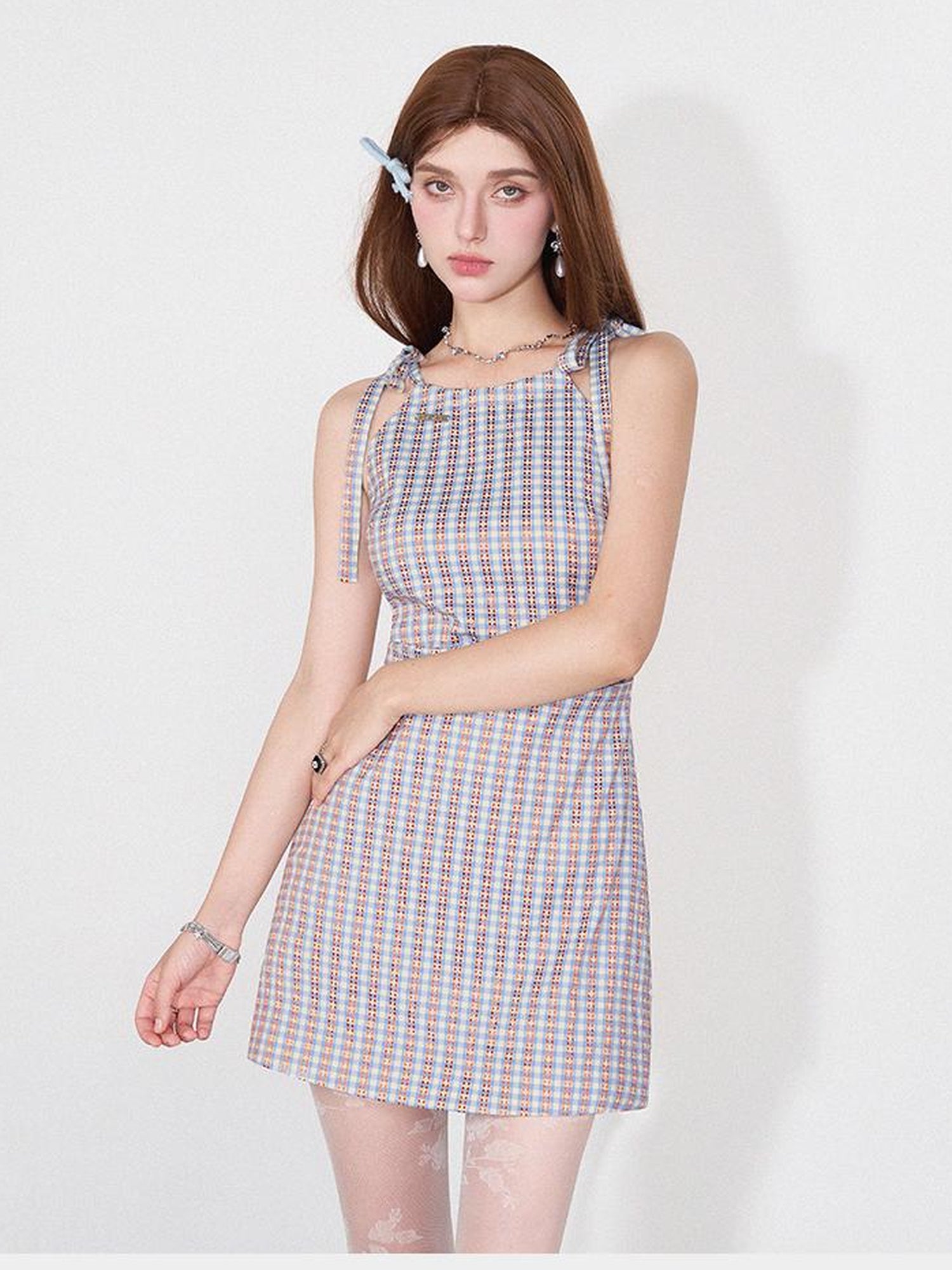 AFTADAWN Vintage Plaid Halter Neck Ruffle Dress