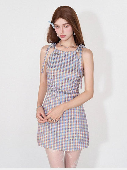 Vintage Plaid Halter Neck Ruffle Dress