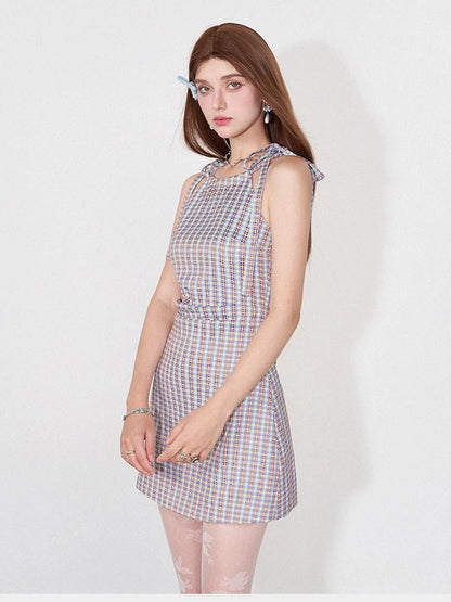 Vintage Plaid Halter Neck Ruffle Dress