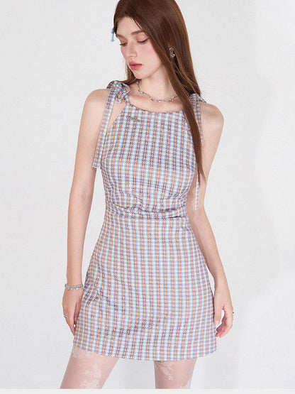AFTADAWN Vintage Plaid Halter Neck Ruffle Dress