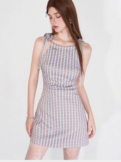 Vintage Plaid Halter Neck Ruffle Dress