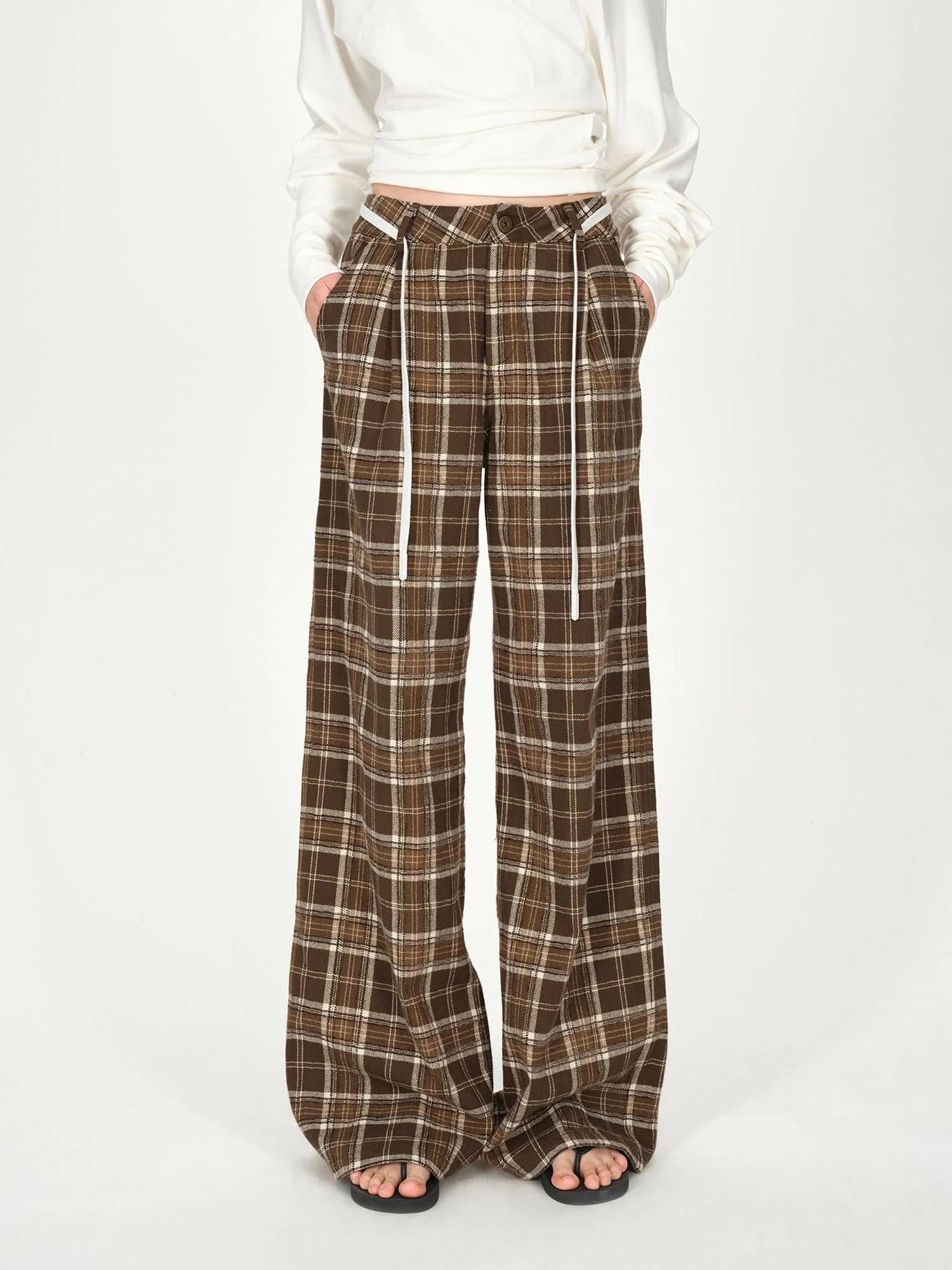 Vintage Plaid Pleated Low Rise Wide Leg Trousers