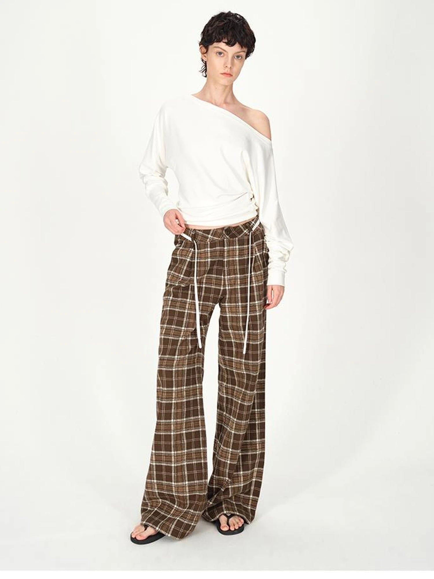 Vintage Plaid Pleated Low Rise Wide Leg Trousers