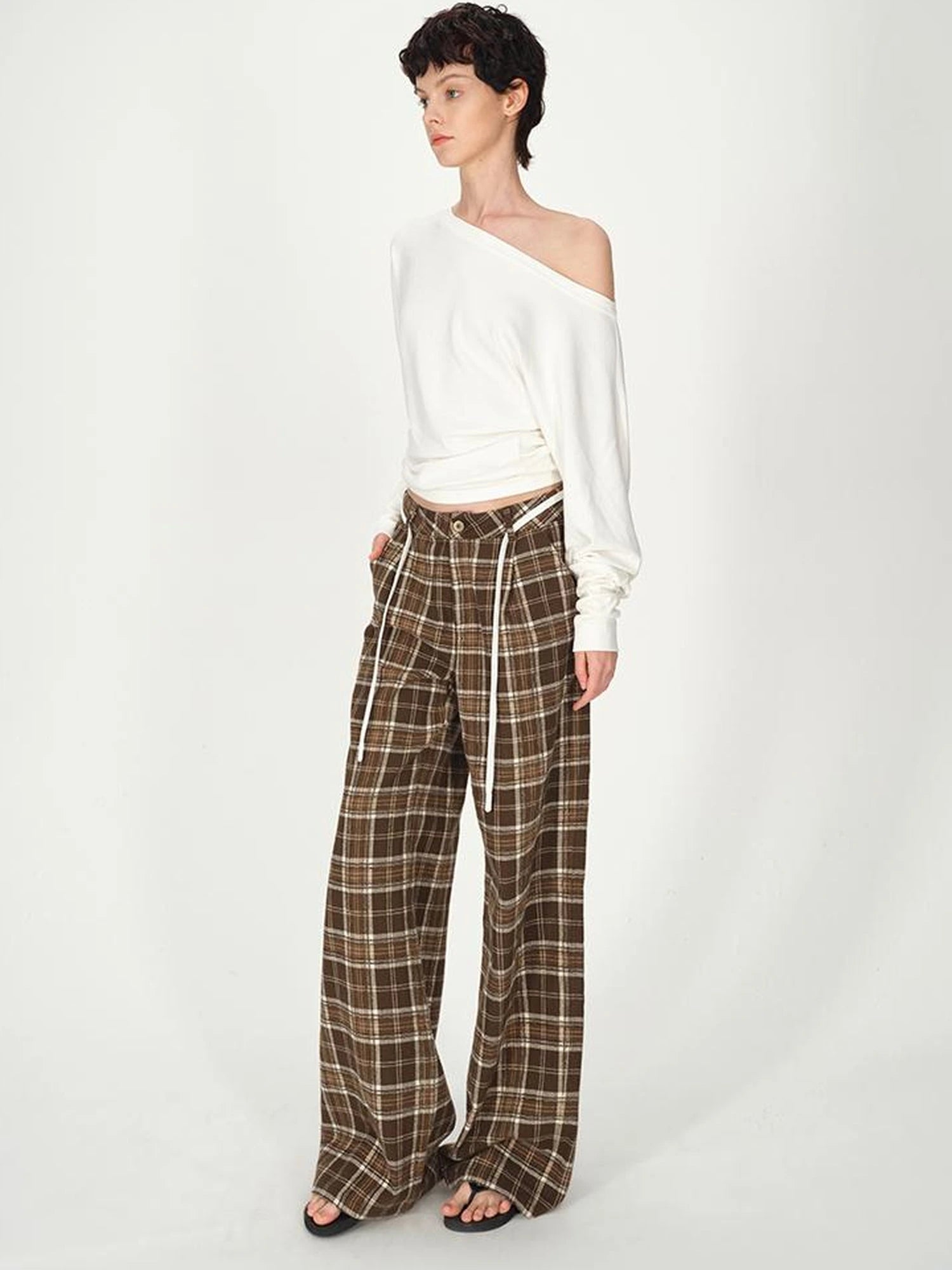 Vintage Plaid Pleated Low Rise Wide Leg Trousers