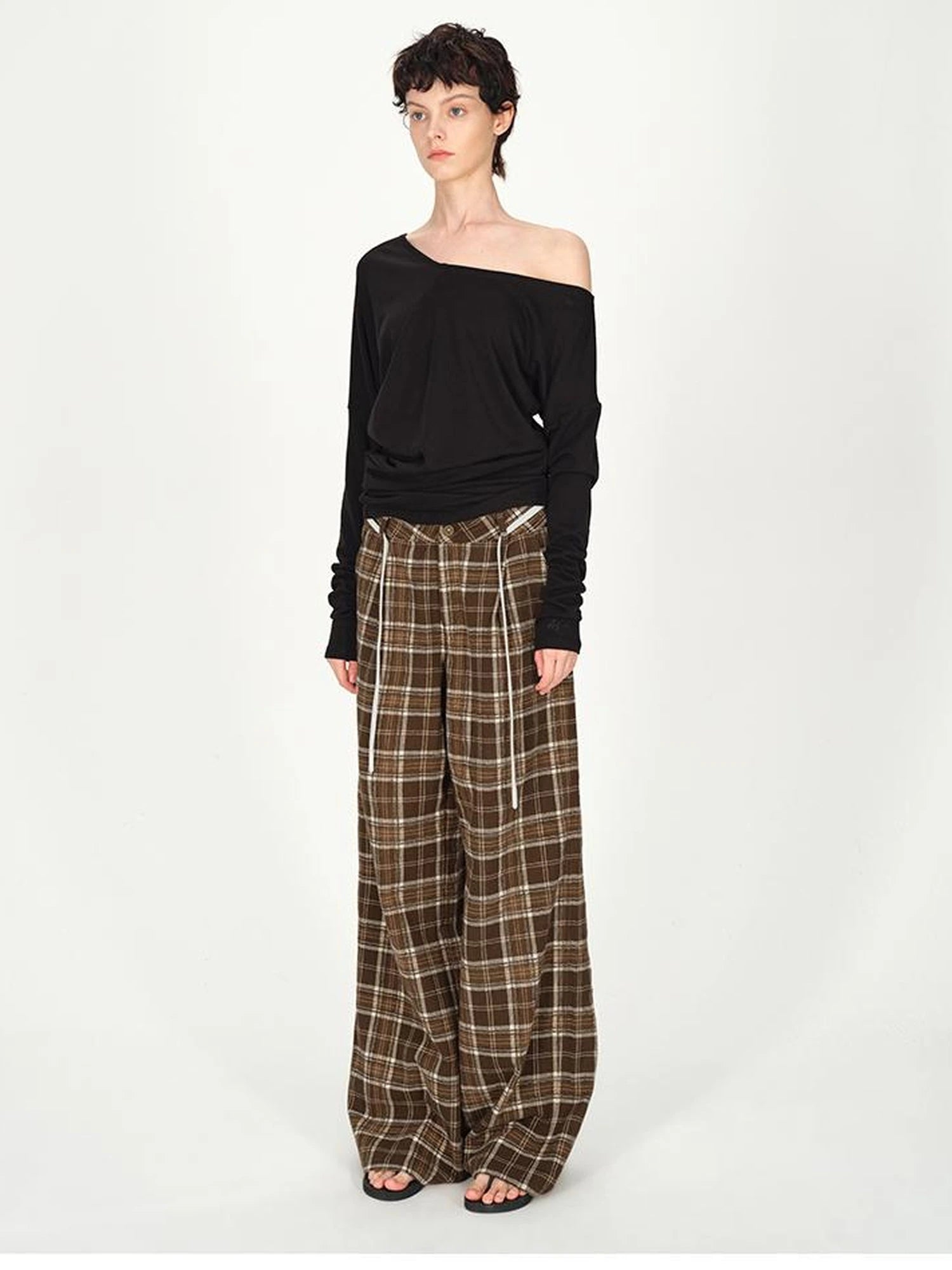 Vintage Plaid Pleated Low Rise Wide Leg Trousers