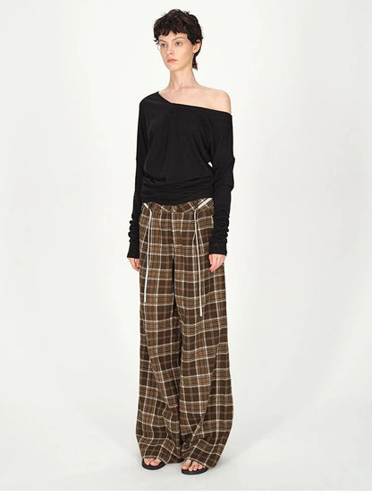 Vintage Plaid Pleated Low Rise Wide Leg Trousers