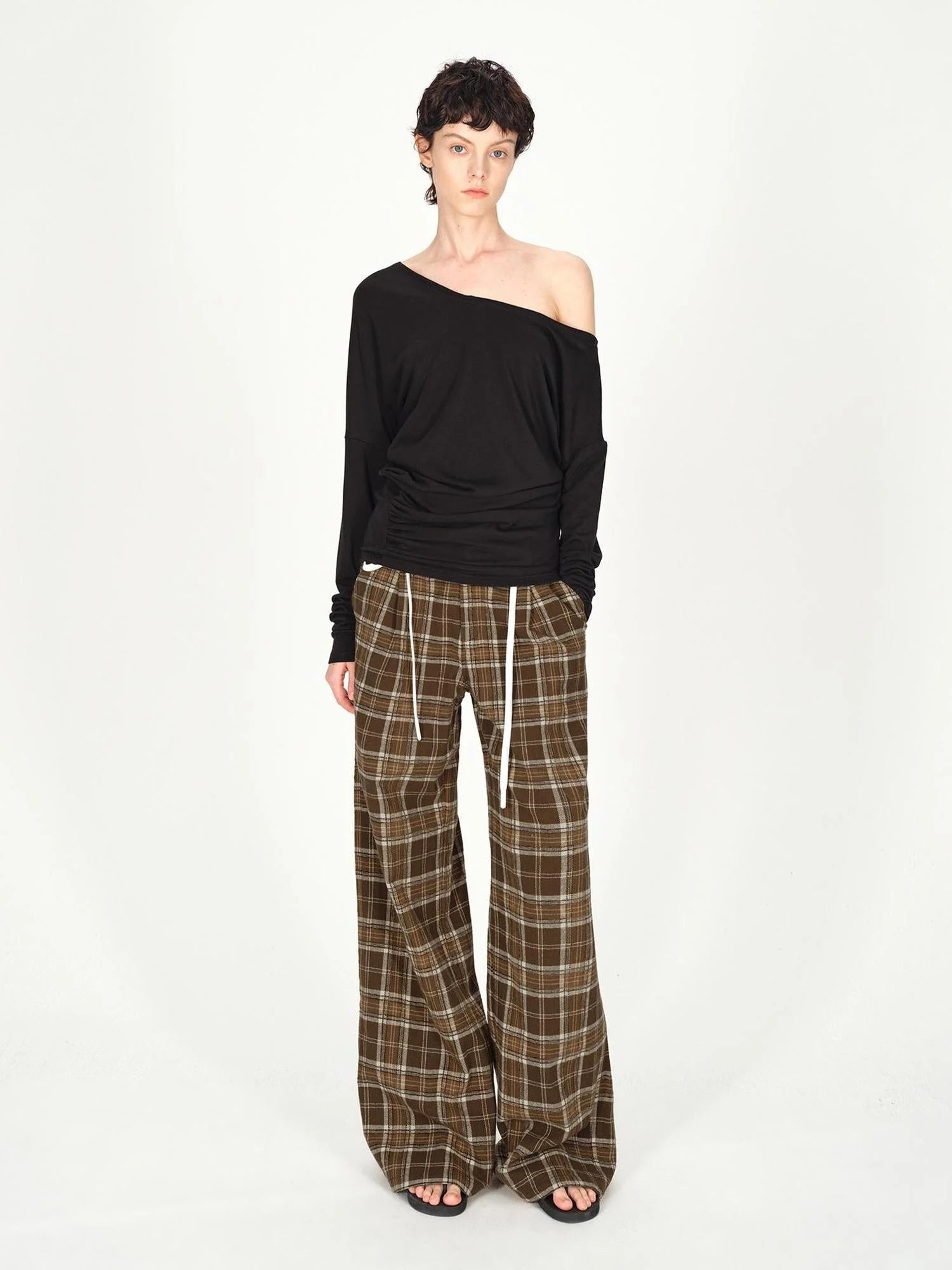 Vintage Plaid Pleated Low Rise Wide Leg Trousers