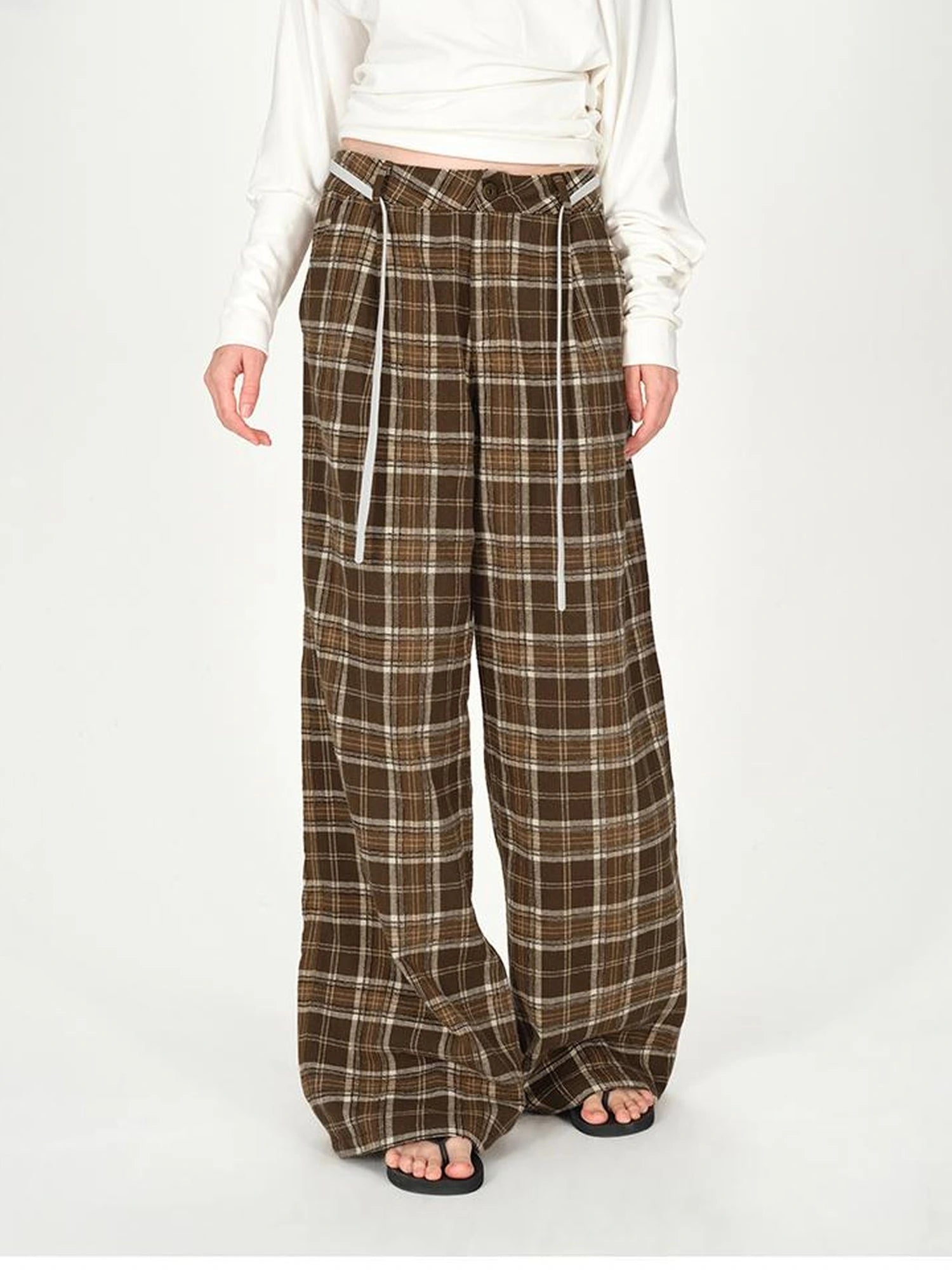 Vintage Plaid Pleated Low Rise Wide Leg Trousers