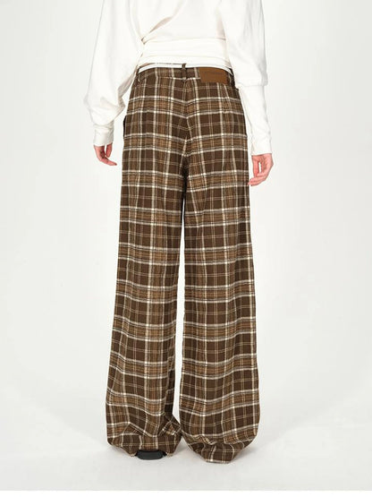 Vintage Plaid Pleated Low Rise Wide Leg Trousers