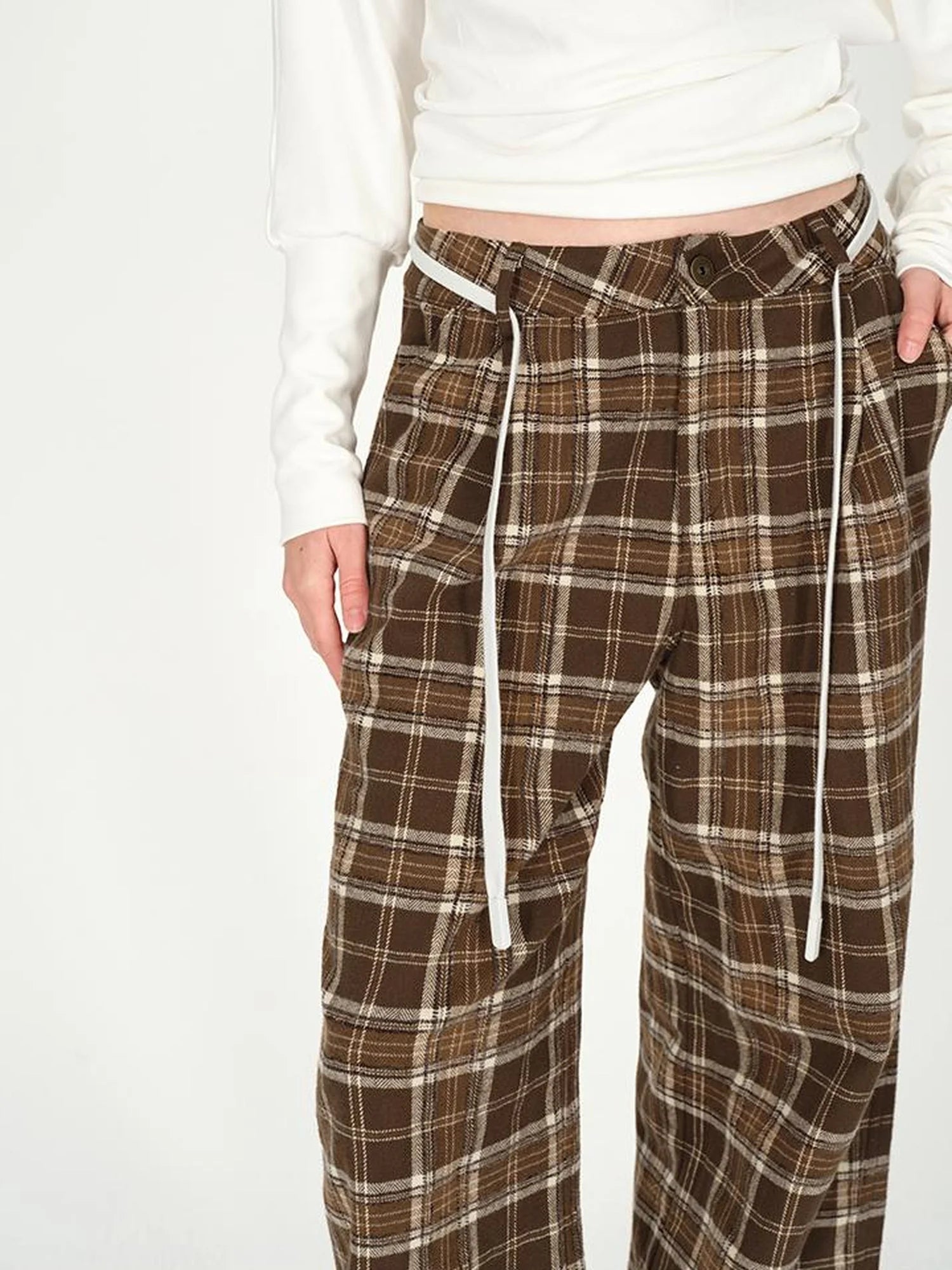 Vintage Plaid Pleated Low Rise Wide Leg Trousers