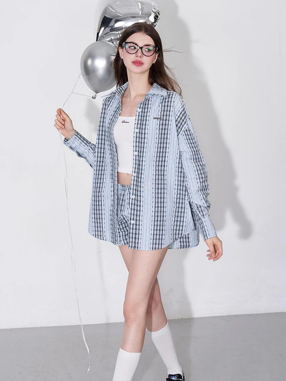 Vintage Relaxed Color Block Stripe Shirt Shorts Set