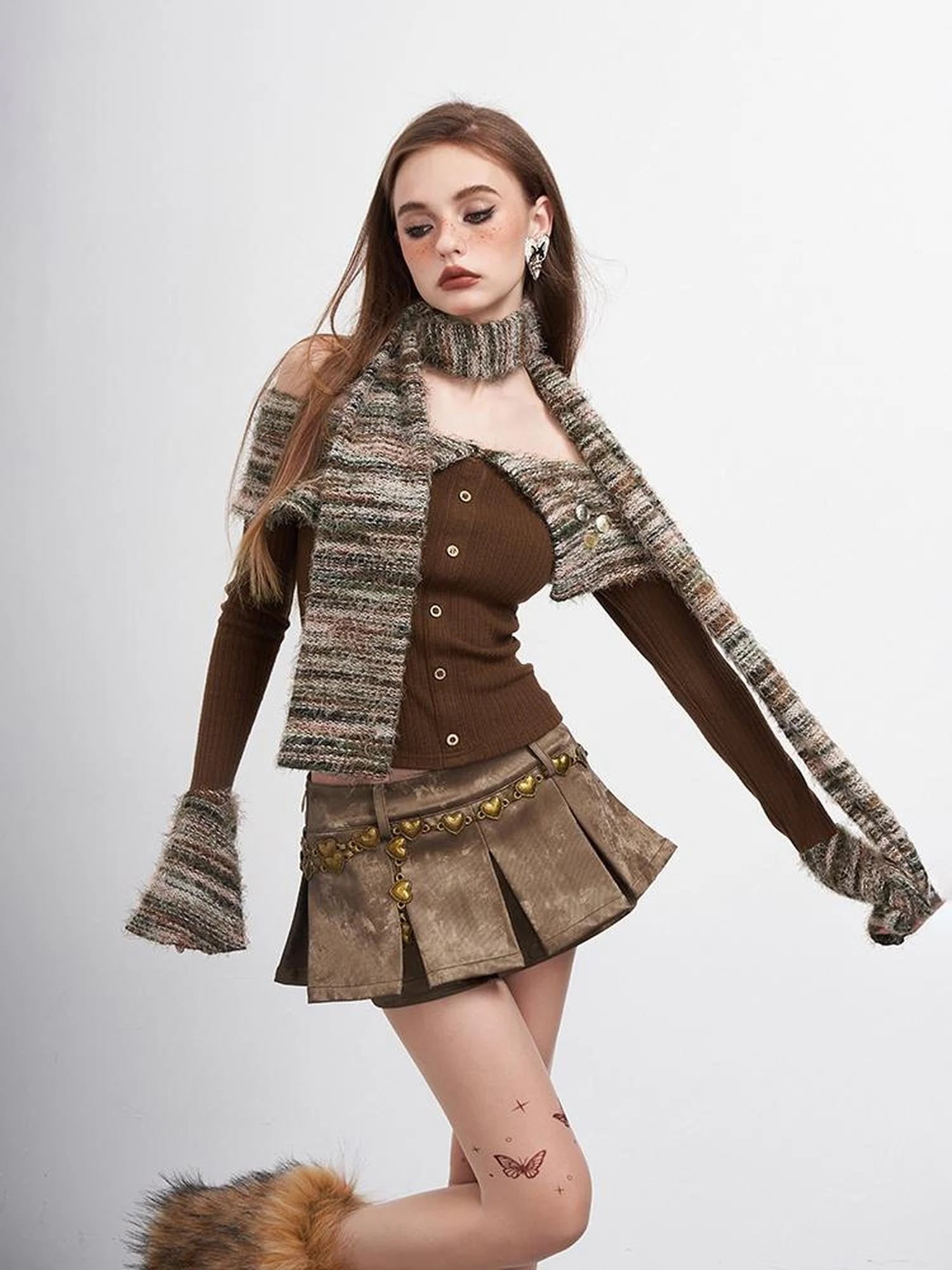 Vintage Striped Off Shoulder Knit Top With Scarf