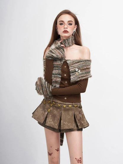 Vintage Striped Off Shoulder Knit Top With Scarf