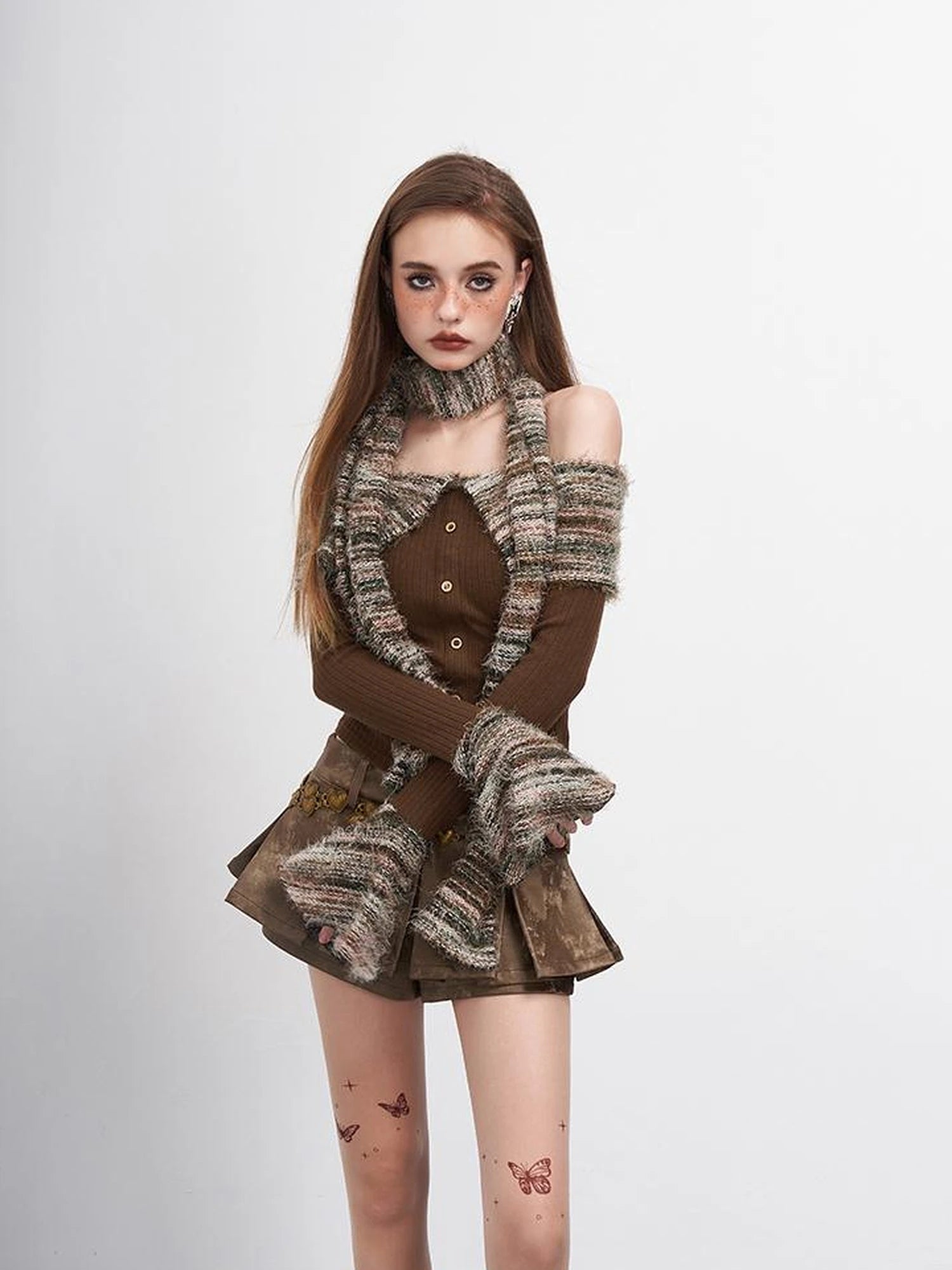 Vintage Striped Off Shoulder Knit Top With Scarf