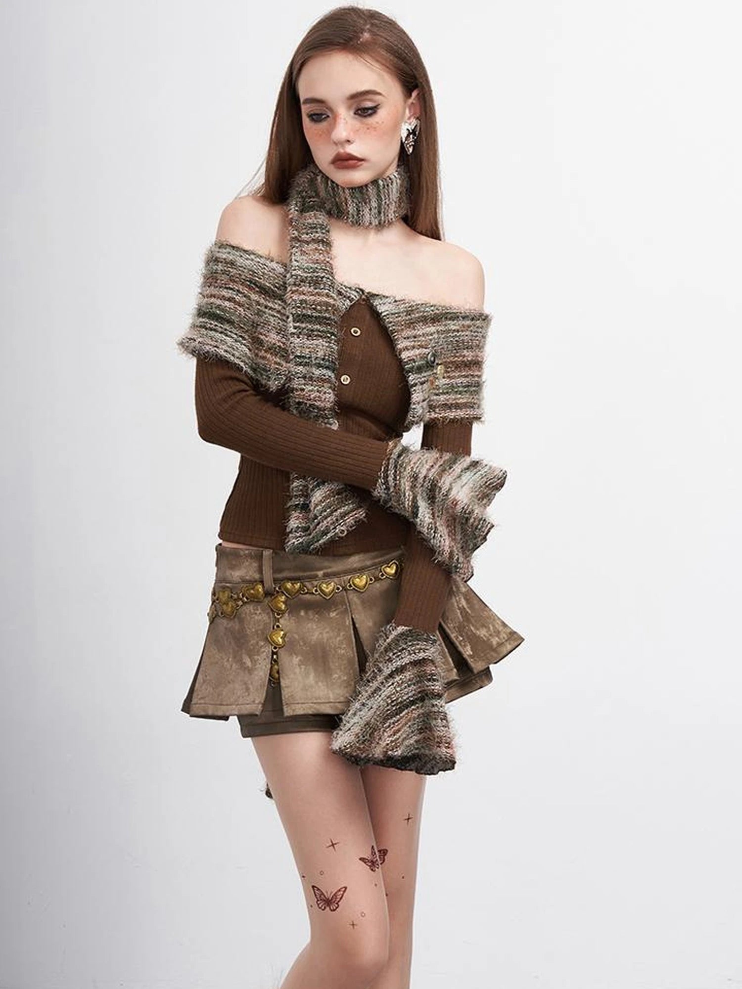 Vintage Striped Off Shoulder Knit Top With Scarf