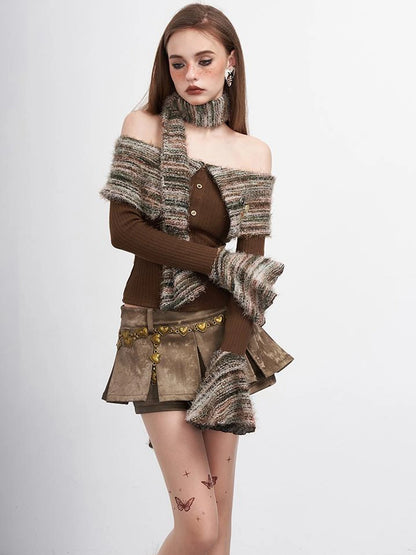 Vintage Striped Off Shoulder Knit Top With Scarf