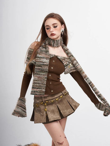 Vintage Striped Off Shoulder Knit Top With Scarf