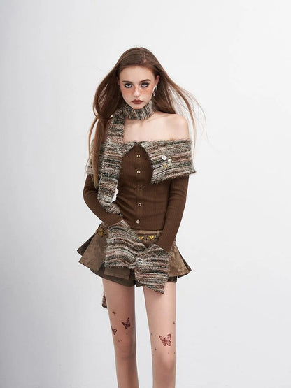 Vintage Striped Off Shoulder Knit Top With Scarf