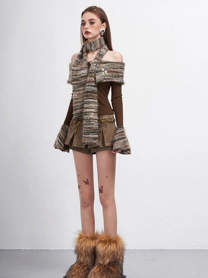 Vintage Striped Off Shoulder Knit Top With Scarf