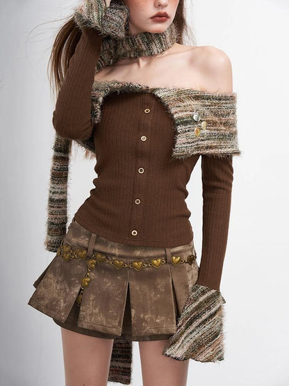 Vintage Striped Off Shoulder Knit Top With Scarf