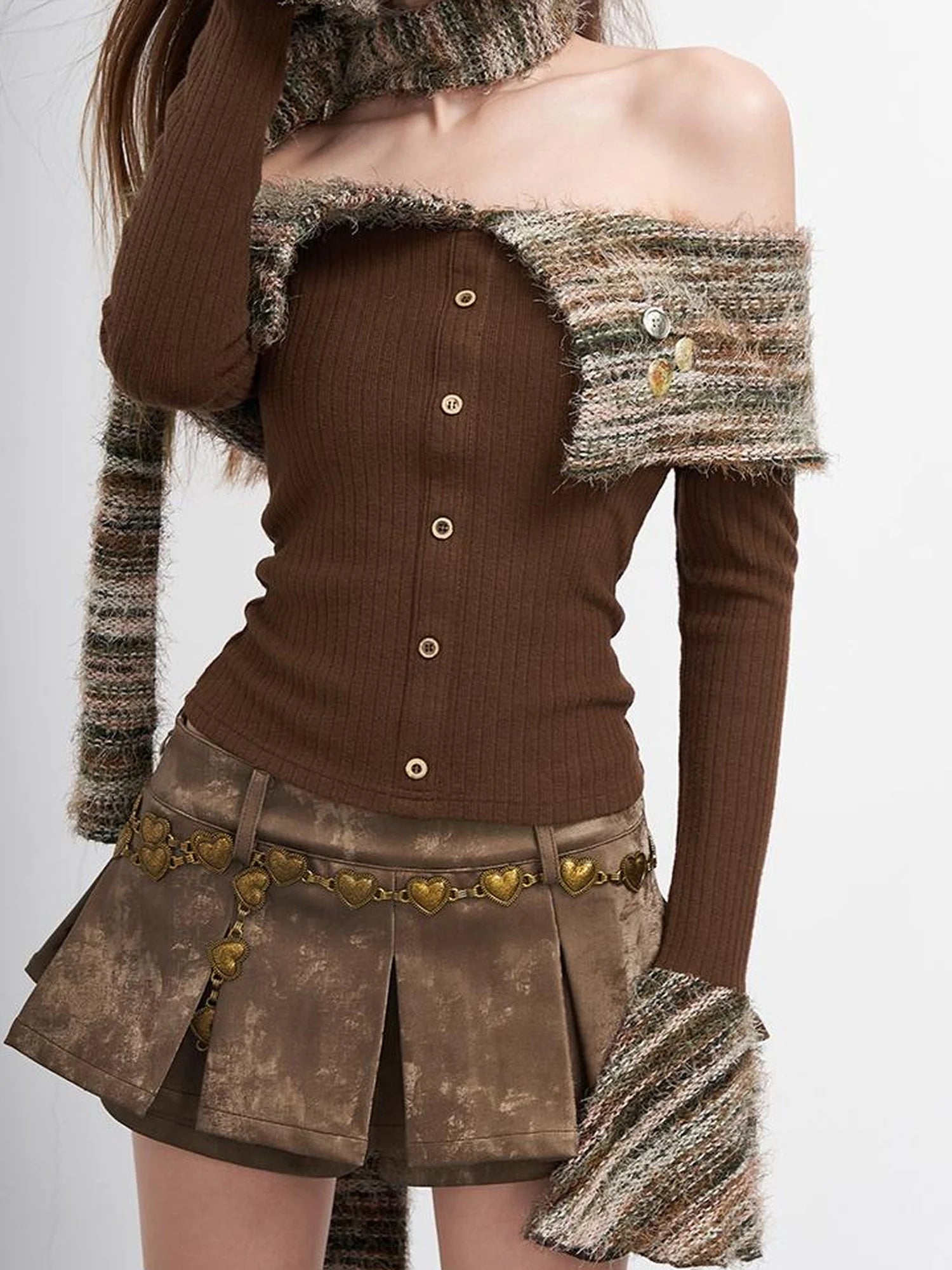 Vintage Striped Off Shoulder Knit Top With Scarf